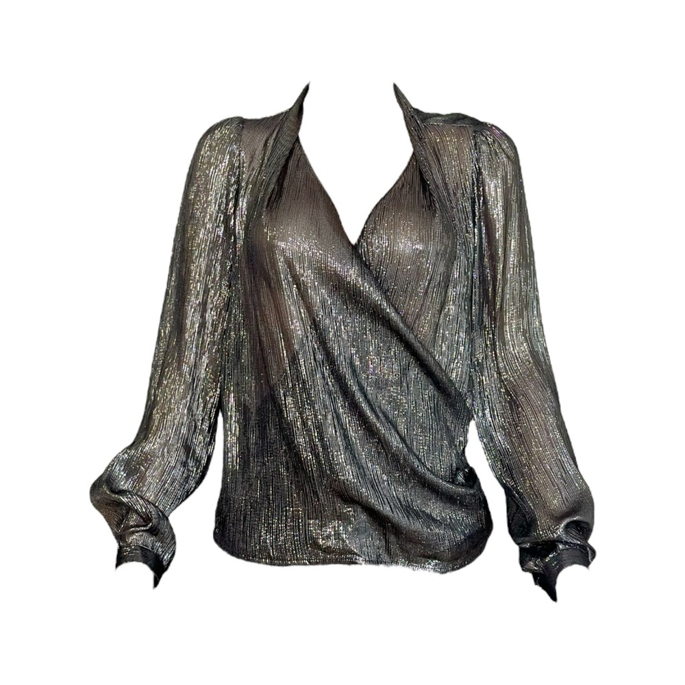 SÉZANE Abelia Silk-Blend Long Sleeve Blouse, Metallic Silver, FR38